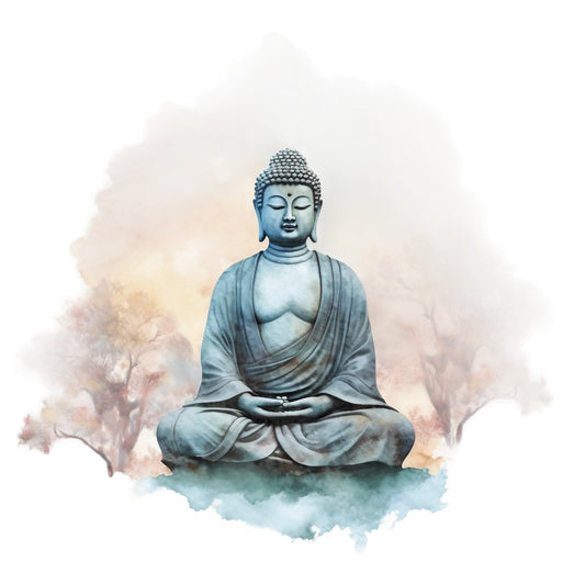 watercolor, buddha, meditation, serene, peaceful, blue, teal, brown, beige, cream, spiritual, zen, lotus position, fabric panel, quilting, cotton, asian inspired, tranquil, soft colors, religious figure, mindfulness, seated buddha, pastel tones, ethereal, contemplative