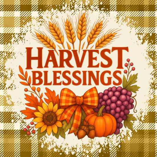 harvest blessings, autumn, fall, wheat, sunflower, pumpkin, grapes, plaid bow, rust orange, golden yellow, cream, burgundy, farmhouse, thanksgiving, seasonal, nature, rustic, traditional, harvest theme, thanksgiving decor, autumn leaves, fall florals, checkered pattern, gingham, wall hanging, home decor, vintage style, country, agricultural, gratitude