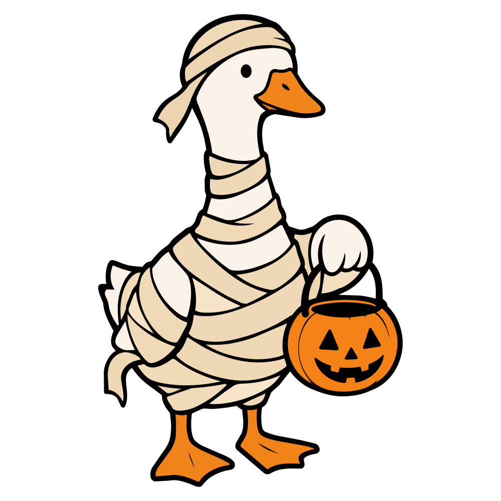 mummy duck, halloween, trick-or-treat, pumpkin, jack-o-lantern, costume, cream, orange, black, whimsical, cute, festive, autumn, fall, holiday, animal, waterfowl, bandages, wrapped, spooky, fun, children's, kids, playful, seasonal, october, trick or treat bag, novelty, character, humorous