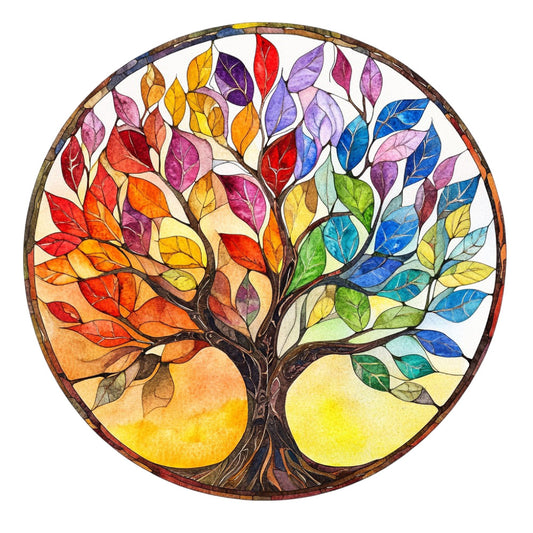 tree of life, rainbow colors, multicolor, autumn leaves, fall foliage, nature inspired, whimsical, bohemian, stained glass, circular design, mandala style, red, orange, yellow, green, blue, purple, four seasons, decorative tree, artistic, rustic, colorful leaves, warm tones, cool tones, spiritual, wall hanging, home decor, vibrant, watercolor effect, leaf motifs
