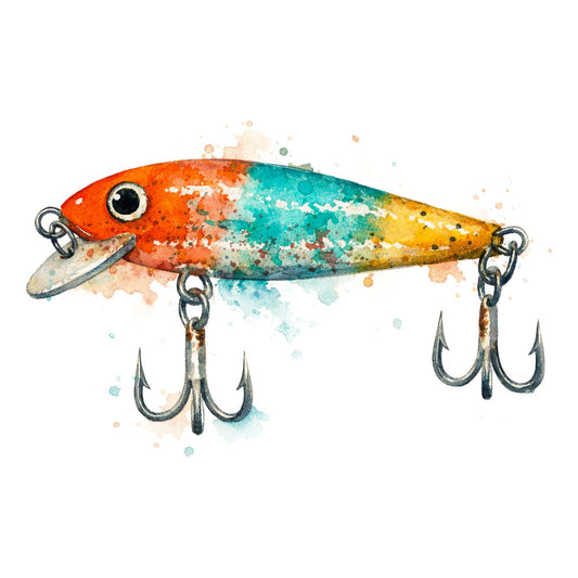 fishing lure, fishing bait, fish, fishing hook, nautical, vintage fishing, orange, turquoise, teal, yellow, gold, watercolor, watercolor art, painted effect, artistic, whimsical, fishing themed, outdoor, sportsman, recreation, hobby, summer, water, aquatic, metal hardware, detailed illustration, realistic, decorative art