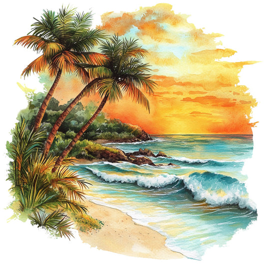tropical beach sunset, palm trees, ocean waves, sandy beach, turquoise blue, golden yellow, coral orange, warm sunset, coastal scene, nautical theme, summer vibes, seaside landscape, watercolor style, tropical paradise, beach scene, teal water, cream sand, aqua blue, orange sky, yellow sunset, tropical plants, island getaway, vacation theme, scenic landscape, peaceful nature, bohemian style, whimsical art, watercolor painting, beach house, coastal decor