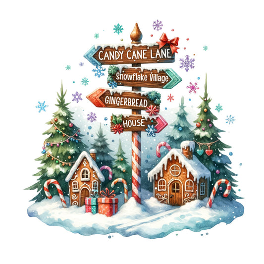 christmas fabric panel, winter village scene, gingerbread houses, candy canes, evergreen trees, snowflakes, directional signpost, red bow, gift boxes, snow covered roofs, festive decorations, watercolor style, whimsical illustration, holiday themed, quilting panel, cotton fabric, turquoise, brown, green, red accents