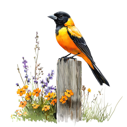 baltimore oriole, bird illustration, orange plumage, black feathers, yellow accents, wooden fence post, wildflowers, purple blooms, orange flowers, watercolor style, nature scene, songbird, fabric panel, quilting cotton, botanical elements, meadow flowers, realistic bird art, spring theme, wildlife design, fence setting