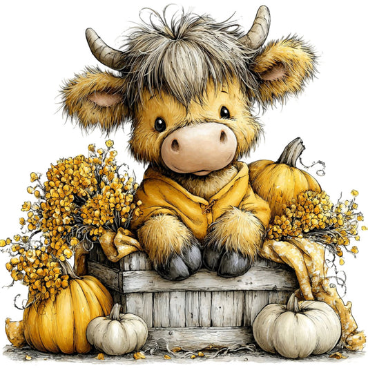 highland cow, fall harvest, autumn, pumpkin, cream, golden yellow, tan, brown, rustic, farmhouse, whimsical, cute, animals, cattle, Scottish highland, vegetables, squash, dried flowers, cottagecore, thanksgiving, seasonal, cozy, warm tones, country style, folk art, woodland, harvest festival, adorable characters, children's, storybook