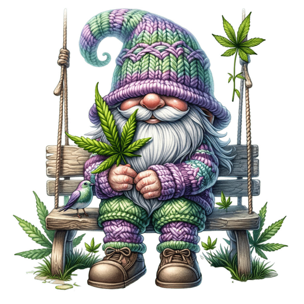 fabric panel, garden gnome, cannabis leaves, marijuana plants, knitted sweater, purple hat, green beard, white beard, wooden swing, small bird, earthy tones, purple knitting, green foliage, whimsical character, botanical design, nature theme, quilting cotton, craft panel, fantasy gnome, detailed illustration