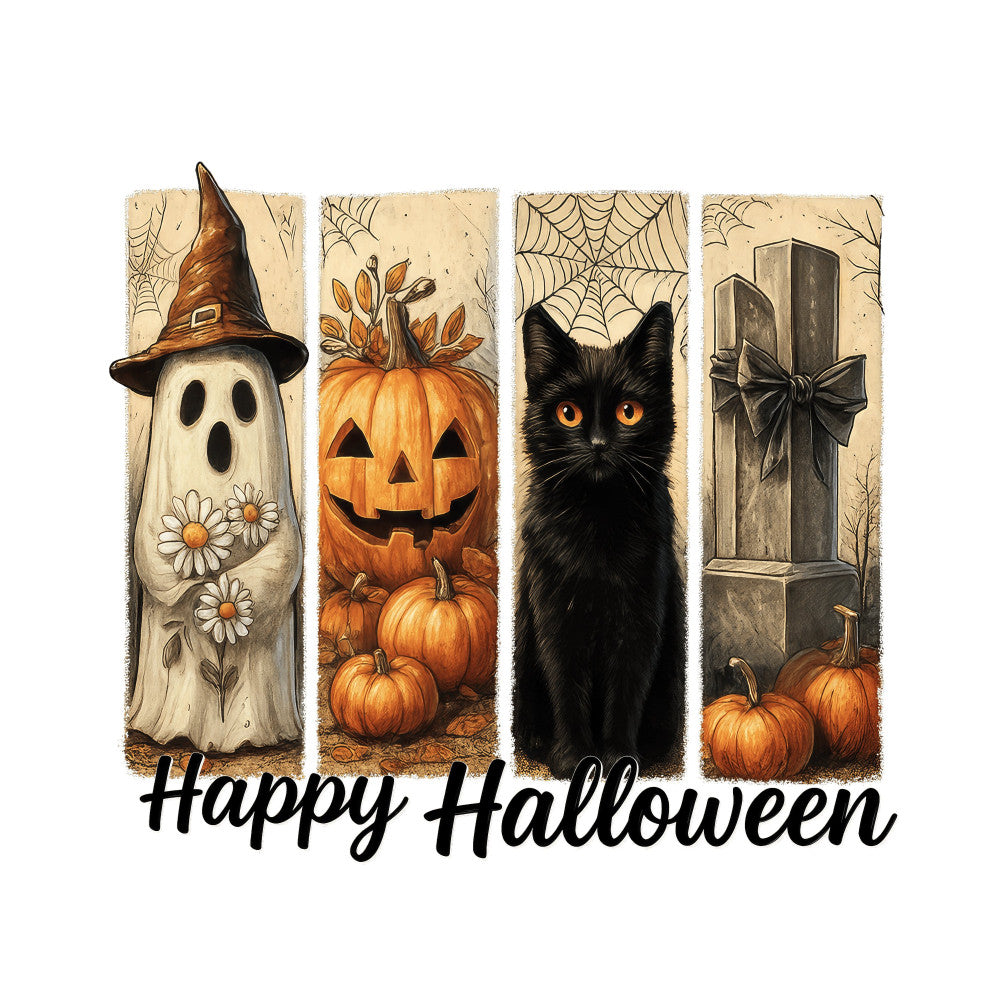halloween, ghost, jack-o-lantern, black cat, pumpkin, spiderweb, witch hat, tombstone, orange, cream, black, tan, beige, autumn, fall, holiday, spooky, scary, witchy, vintage, rustic, whimsical, festive, creepy, seasonal, decorative, daisy flowers, gravestone, haunted, trick-or-treat
