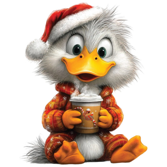 red, white, orange, gray, fluffy, duck, santa hat, christmas sweater, coffee cup, holiday themed, winter clothing, cozy, cute character, plaid pattern, snowflakes, festive, whimsical, fabric panel, quilting cotton, seasonal design, cartoon style, adorable duck