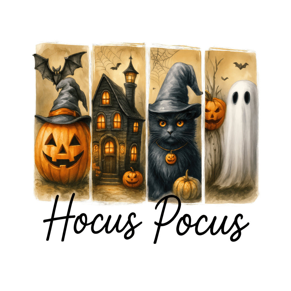 halloween, hocus pocus, witch, ghost, pumpkin, black cat, haunted house, bat, jack-o-lantern, autumn, fall, orange, black, cream, tan, gold, spooky, whimsical, festive, holiday, witchy, magical, seasonal, novelty, character, illustration, children's, family-friendly, wall hanging, home decor