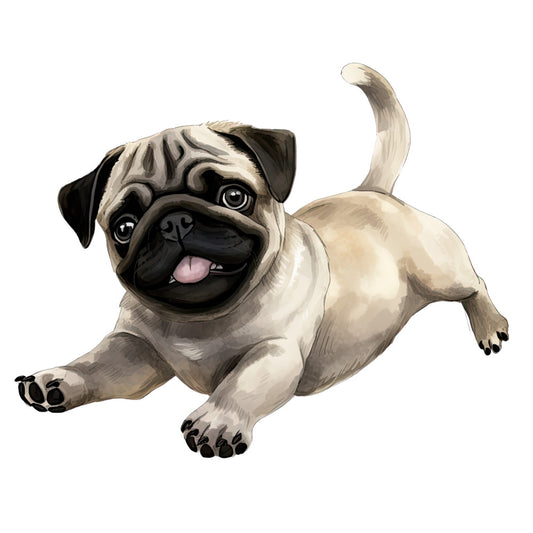 Watercolor Pug Fabric Panel 35 featuring a playful pug illustration printed on premium quilting cotton fabric.