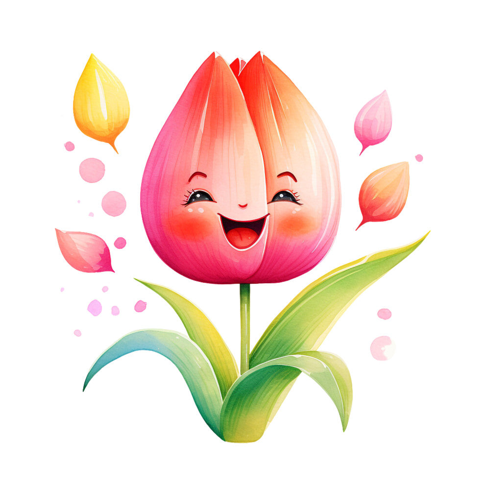 cute tulip, smiling flower, kawaii character, pink petals, gradient colors, green leaves, watercolor style, cheerful expression, floating petals, whimsical design, fabric panel, quilting cotton, children's decor, nursery theme, spring motif, happy face, cartoon flower, pastel palette, floral character, adorable botanical