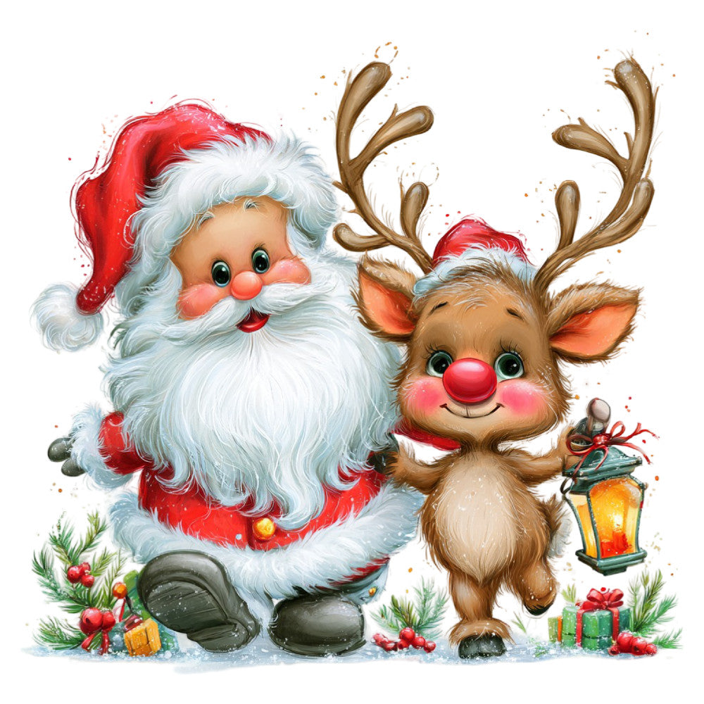 santa claus, reindeer, red nose, christmas, holiday, festive, whimsical, jolly, cute, playful, red, white, brown, gold, cream, traditional, nostalgic, vintage, winter, snow, lantern, gifts, presents, candy cane, holly, berries, children's, cheerful, decorative, seasonal