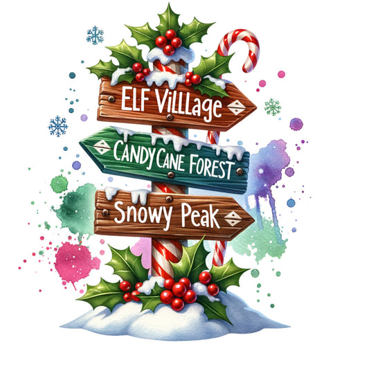 christmas signpost, wooden directional signs, holly leaves, red berries, candy canes, snowflakes, winter scene, snow covered, fabric panel, quilting cotton, festive design, holiday themed, watercolor style, colorful splashes, elf village, candy cane forest, snowy peak, christmas destinations, whimsical illustration, seasonal craft