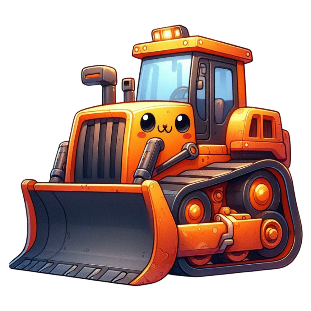 orange, yellow, gold, red, bright colors, bold colors, construction vehicles, bulldozer, heavy equipment, road roller, compactor, kawaii, cute, character, animated, children's, kids, playful, whimsical, cartoon style, illustration, vehicles, machines, industrial, construction theme, baby, toddler, boy, fun, cheerful