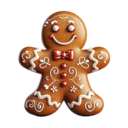 Cute Christmas Gingerbread Man Fabric Panel 3 featuring a decorated gingerbread man with icing and a red bow tie on premium quilting cotton