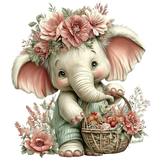 cream elephant, dusty rose, blush pink, sage green, floral crown, dahlias, roses, wildflowers, baby animals, whimsical, nursery, children's fabric, elephant with flowers, basket of fruit, berries, botanical, spring, pastel colors, storybook, gentle, soft, vintage illustration, sweet, adorable, animals with flowers, nature theme, baby quilt, wall hanging, decorative panel, feminine