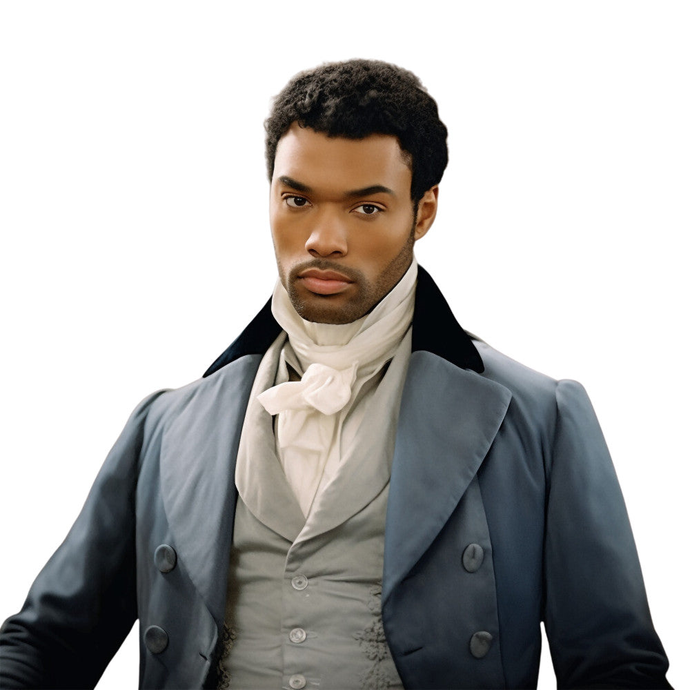 blue coat, cream waistcoat, white cravat, black lapels, gentleman portrait, period costume, historical clothing, double-breasted jacket, formal attire, fabric panel, cotton blend, quilting material, vintage style, aristocratic fashion, dignified pose, neutral background, textile craft, sewing project, regency fashion, elegant menswear
