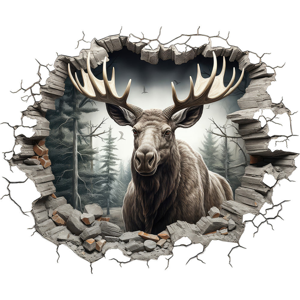 moose, antlers, breaking through, cracked wall, brown, tan, beige, gray, forest scene, evergreen trees, wildlife, nature, 3d effect, trompe l'oeil, realistic art, fabric panel, quilting cotton, outdoors, wilderness, dramatic, textured, stone rubble