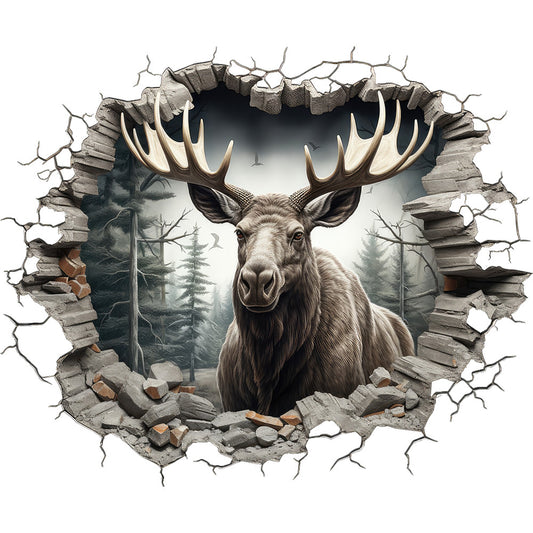 moose, antlers, breaking through, cracked wall, brown, tan, beige, gray, forest scene, evergreen trees, wildlife, nature, 3d effect, trompe l'oeil, realistic art, fabric panel, quilting cotton, outdoors, wilderness, dramatic, textured, stone rubble
