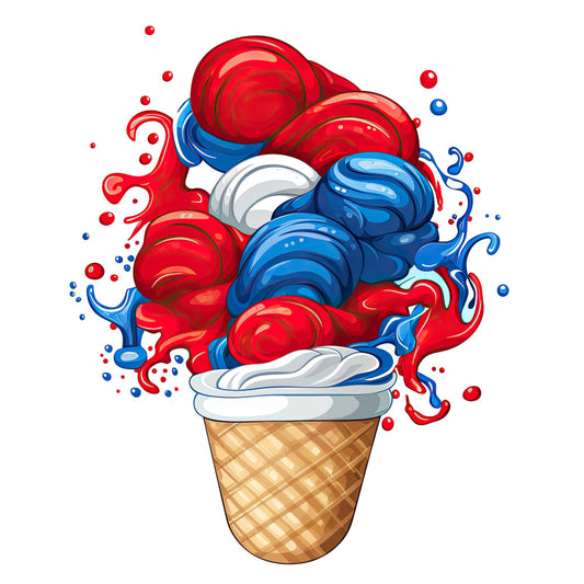 red, blue, white, ice cream cone, swirl, abstract, whimsical, playful, modern, candy, dessert, summer, bright, vibrant, colorful, dimensional, 3d effect, wavy, fluid, artistic, fun, cheerful, sweet treats, food themed, patriotic colors, red white and blue, dynamic, energetic, contemporary, bold graphics