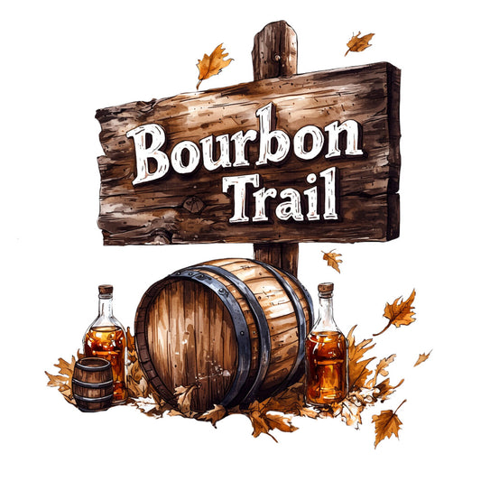 bourbon whiskey, wooden barrels, autumn leaves, rustic sign, amber liquid, brown tones, orange leaves, vintage bottles, distillery theme, weathered wood, fabric panel, quilting cotton, fall colors, whiskey barrel, maple leaves, rustic design, country style, alcohol motif, wooden post, kentucky bourbon