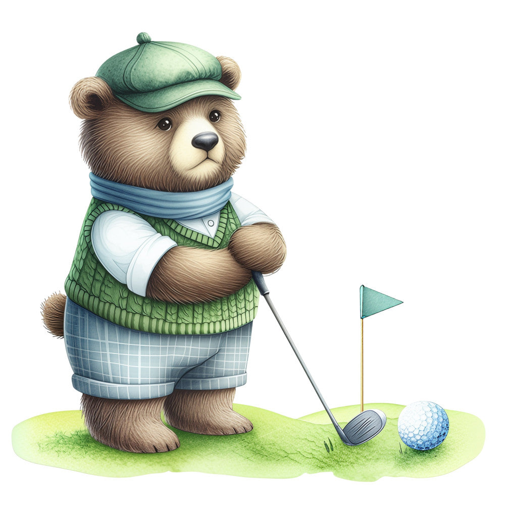 golf bear, teddy bear, golfer, sports, green, blue, sage green, light blue, whimsical, cute, animals, bears, golf club, golf ball, flag, children's, kids, playful, storybook, illustration, charming, friendly, casual, outdoor sports, recreation, decorative panel, wall art, nursery, baby, gender neutral