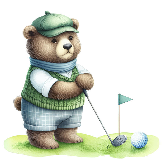 golf bear, teddy bear, golfer, sports, green, blue, sage green, light blue, whimsical, cute, animals, bears, golf club, golf ball, flag, children's, kids, playful, storybook, illustration, charming, friendly, casual, outdoor sports, recreation, decorative panel, wall art, nursery, baby, gender neutral