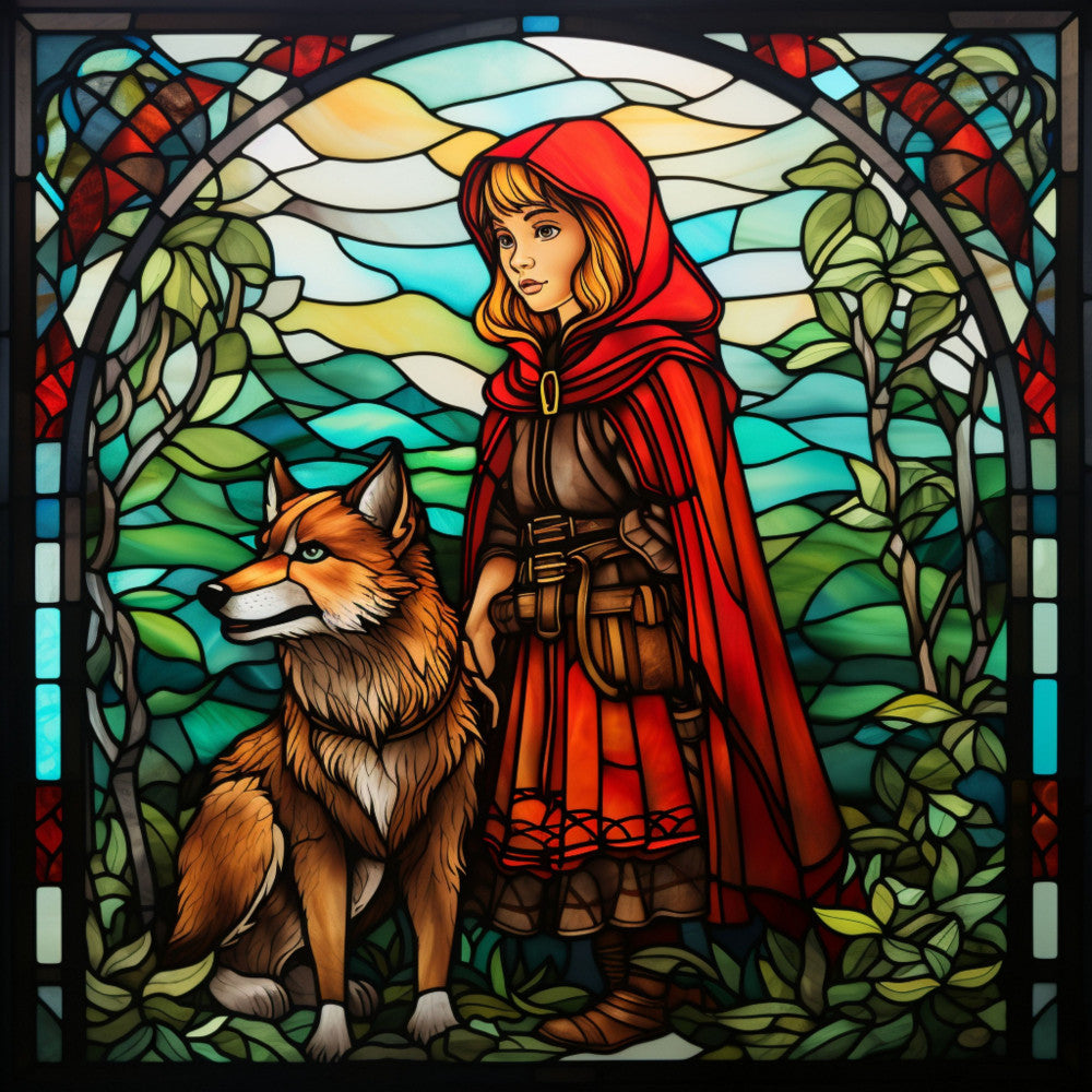 stained glass, little red riding hood, wolf, red cloak, forest scene, fairy tale, medieval style, fabric panel, quilting cotton, vibrant colors, turquoise blue, emerald green, crimson red, golden yellow, brown tones, character panel, fantasy theme, woodland setting, story book illustration, decorative border