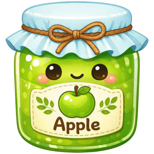 apple green, lime green, light blue, sky blue, brown, cream, cute, whimsical, kawaii, food themed, fruit, jar, jam, preserves, smiling face, happy, cheerful, spring, summer, kitchen, home decor, novelty, playful, children's, kid friendly, illustrated, graphic, modern whimsical, countryside, food and kitchen