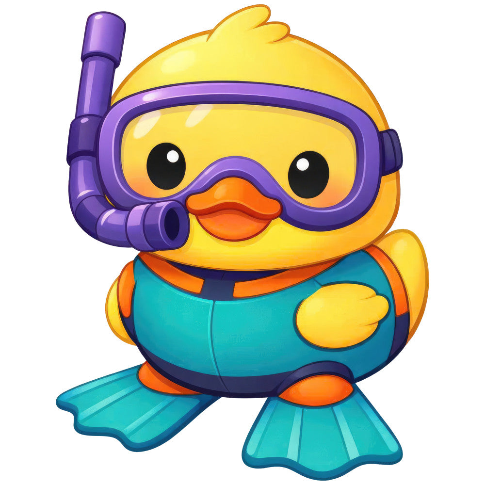 bright yellow, purple, teal blue, orange, cute duck, snorkel gear, diving theme, underwater, summer, whimsical, playful, children's, baby, character design, cartoon, aquatic animals, water sports, adventure, tropical, fun, kid-friendly, adorable, vibrant colors, novelty print, beach theme, swimming, scuba diving, nursery, cheerful, colorful motifs