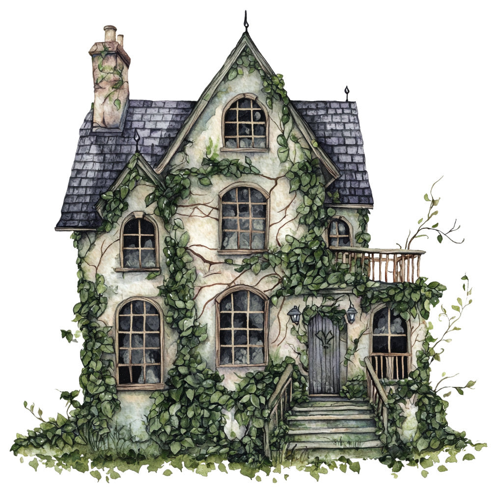 cottage core, ivy, climbing vines, storybook, whimsical, vintage architecture, cream, ivory, sage green, forest green, gray, slate blue, cottage house, gothic, fairy tale, enchanted, nature, botanical, windows, doors, architectural, rustic, traditional, elegant, illustration, detailed, fantasy, storybook quilt, wall hanging, cottage aesthetic