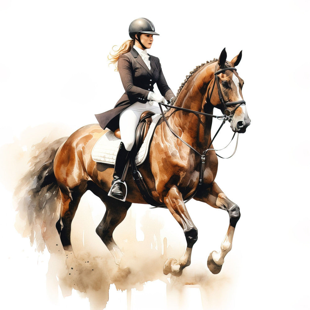 equestrian, horse riding, sport horse, brown horse, chestnut horse, rider, english riding, hunter jumper, dressage, horsemanship, elegant, sophisticated, traditional, equine, chocolate brown, cream, white, tan, beige, watercolor, artistic, detailed illustration, realistic, animal portrait, country style, classic, refined, athletic, competitive sport