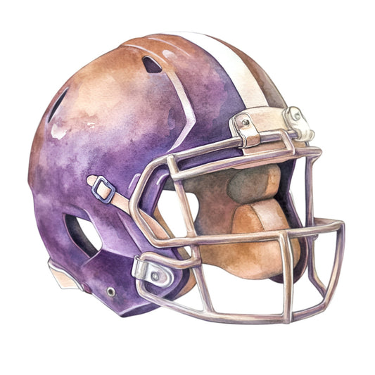 purple football helmet, sports, american football, purple, mauve, lavender, bronze, tan, metallic, geometric, athletic wear, sports fan, football theme, team spirit, masculine, modern, detailed illustration, realistic art, fall sports, game day, sports apparel, helmet design, protective gear, competitive sports, fan gear, sports enthusiast, bronze accents, watercolor style, dimensional shading, sports illustration