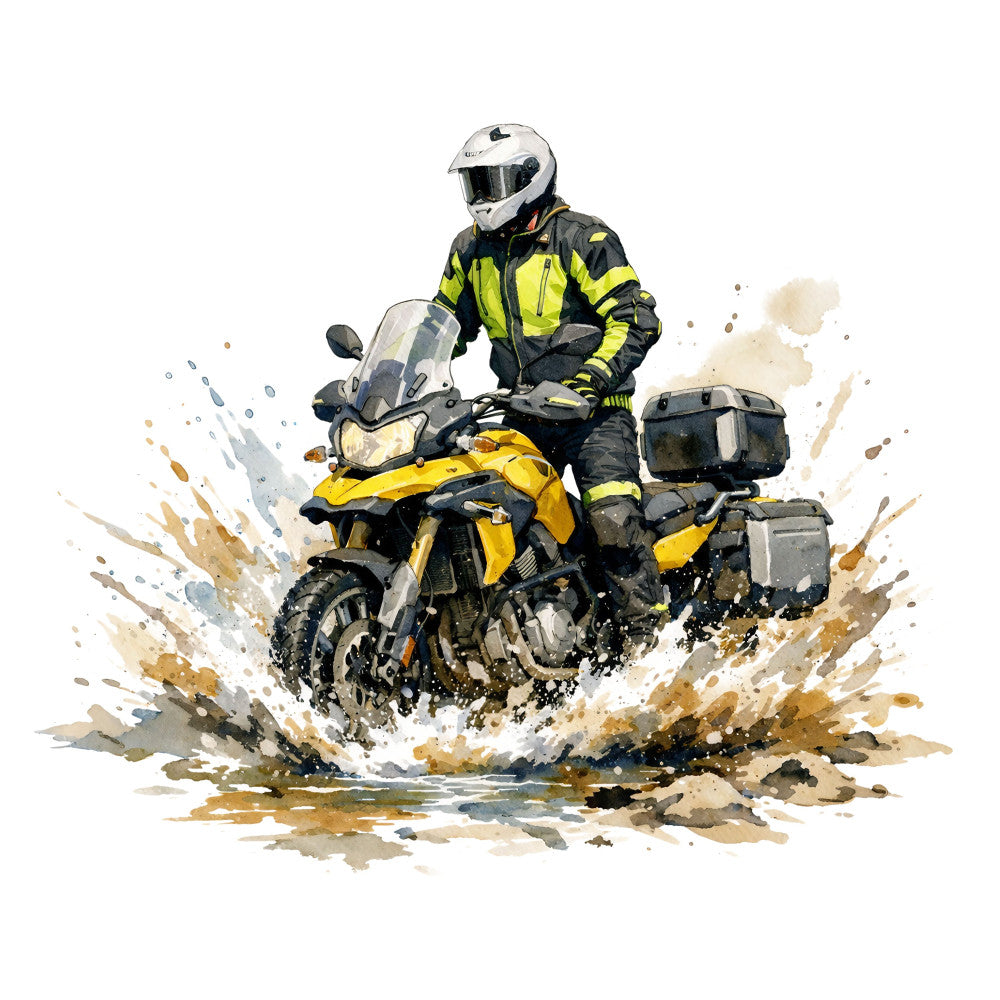 adventure, adventure sports, black, bold, bright yellow, contemporary, dynamic, exciting, extreme sports, high energy, motorbike, modern, motorcycle, motorcyclist, muddy brown, off-road, outdoor sports, rider, splatter, sporty, tan, travel, vibrant yellow, watercolor, white, yellow and black