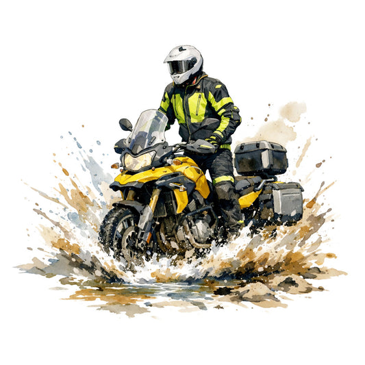 adventure, adventure sports, black, bold, bright yellow, contemporary, dynamic, exciting, extreme sports, high energy, motorbike, modern, motorcycle, motorcyclist, muddy brown, off-road, outdoor sports, rider, splatter, sporty, tan, travel, vibrant yellow, watercolor, white, yellow and black