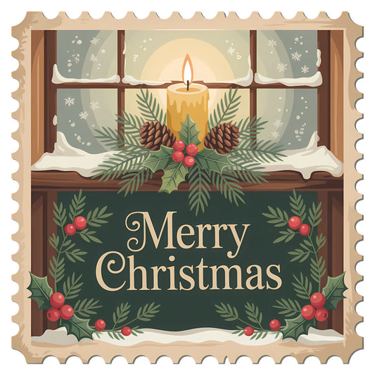 Vintage Christmas Stamps Fabric Panel 6 featuring a candle, pinecones, holly, and snow on a window with Merry Christmas text.