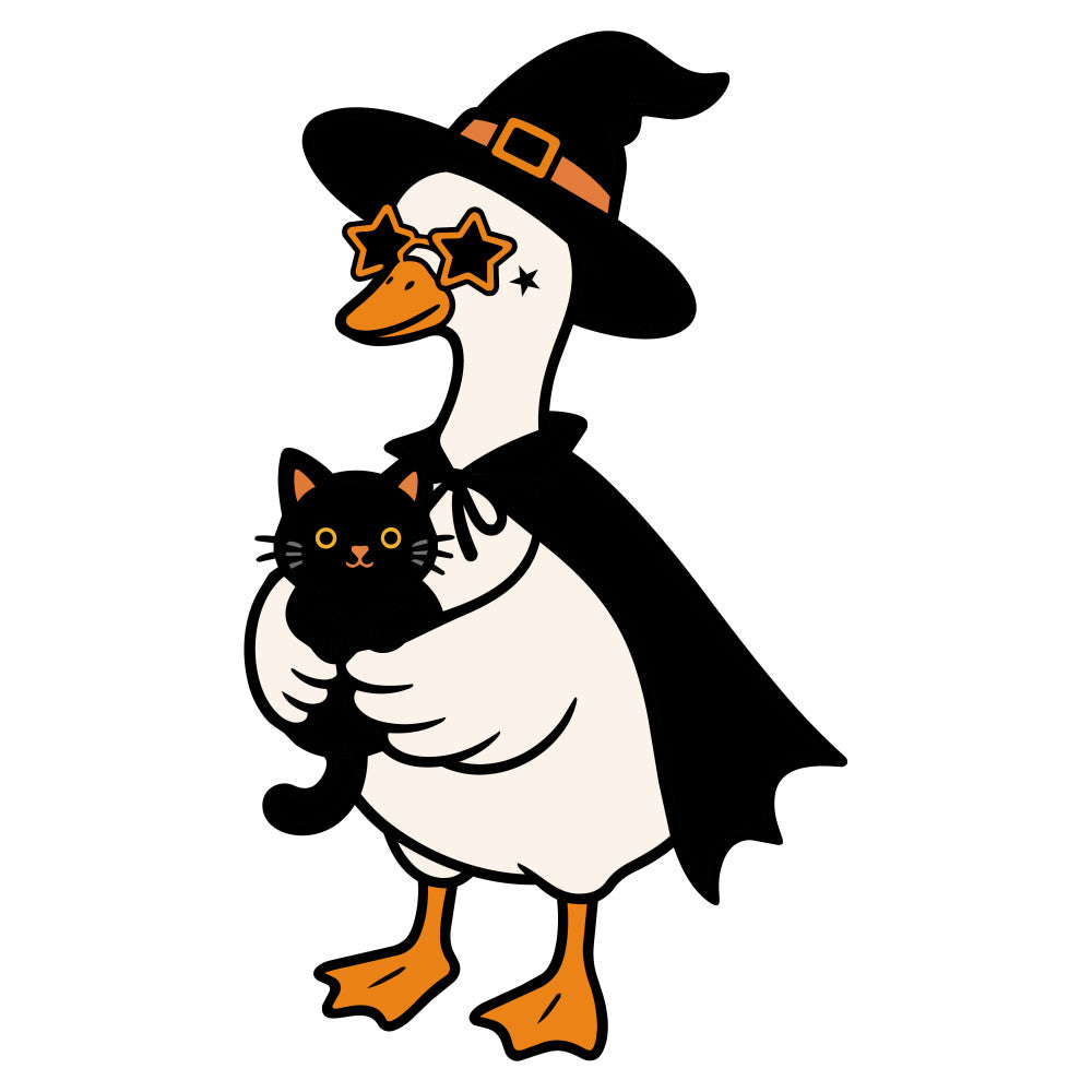 halloween, witch, black cat, orange, cream, witchy, spooky, stars, moon, autumn, fall, seasonal, animals, pets, cats, magical, whimsical, celestial, holiday, costume, broomstick, cape, witch hat, goose, bird, playful, fun, children, kids, festive