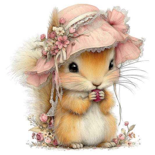 cute animal, guinea pig, hamster, adorable rodent, pink hat, floral bonnet, lace trim, dusty rose, soft pink, cream, pale yellow, golden tan, delicate flowers, vintage style, whimsical, elegant, feminine, romantic, spring, sweet, precious moments, baby quilt, nursery, children's fabric, lace details, ribbon, botanical florals, pastel colors, girl's room, keepsake panel