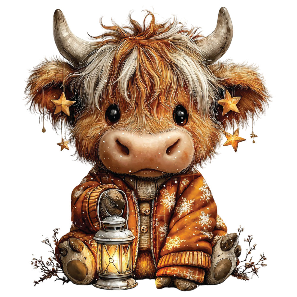 christmas highland cow, fabric panel, orange jacket, winter coat, lantern, snowflakes, fluffy fur, brown horns, cute character, festive clothing, golden stars, warm colors, russet brown, cream fur, whimsical illustration, holiday theme, adorable animal, cozy winter, seasonal design, quilting cotton