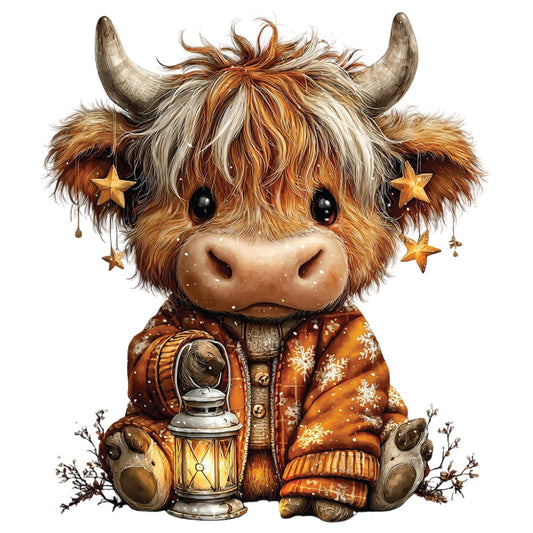 christmas highland cow, fabric panel, orange jacket, winter coat, lantern, snowflakes, fluffy fur, brown horns, cute character, festive clothing, golden stars, warm colors, russet brown, cream fur, whimsical illustration, holiday theme, adorable animal, cozy winter, seasonal design, quilting cotton