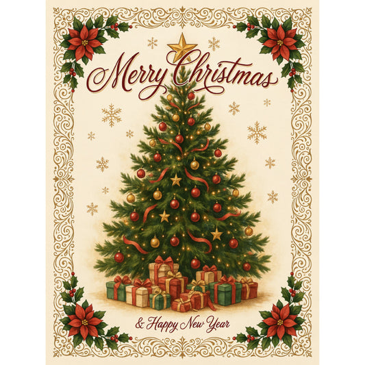 christmas, holiday, merry christmas, festive, traditional, elegant, vintage, poinsettia, red poinsettia, christmas tree, decorated tree, ornaments, gold ornaments, red ornaments, ribbons, gifts, presents, snowflakes, gold snowflakes, holly, berries, cream background, ivory background, forest green, red, gold, beige, winter, new year, greeting card