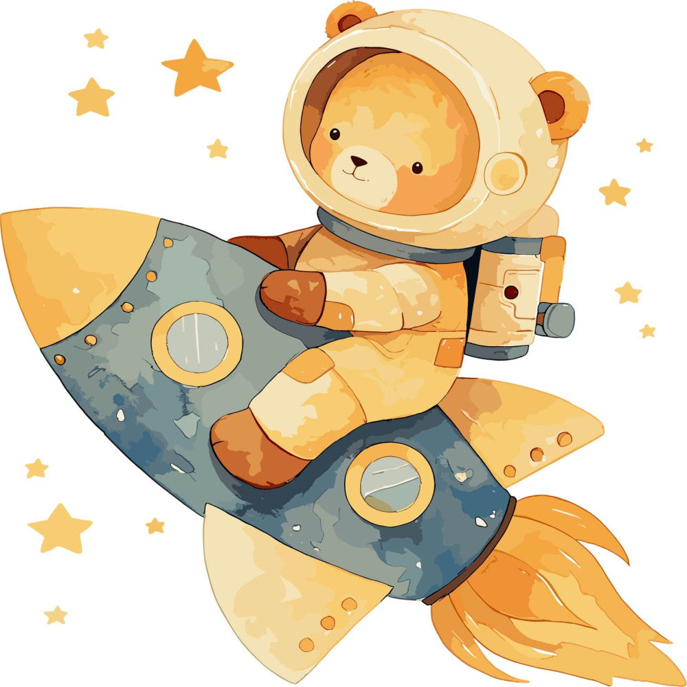 adorable bear, astronaut, baby nursery, celestial, cream, cute animals, dreamy, gold, golden yellow, grayish blue, nursery decor, outer space, rocket ship, soft colors, space theme, stars, sweet, teddy bear, whimsical, baby boy, children's, soft pastels, charcoal gray, tan, cosmic, explorer, playful, gentle