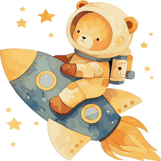 adorable bear, astronaut, baby nursery, celestial, cream, cute animals, dreamy, gold, golden yellow, grayish blue, nursery decor, outer space, rocket ship, soft colors, space theme, stars, sweet, teddy bear, whimsical, baby boy, children's, soft pastels, charcoal gray, tan, cosmic, explorer, playful, gentle