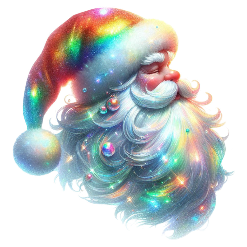 rainbow santa, holographic santa, magical santa, christmas holiday, festive, whimsical, fantasy, iridescent, multi-color, red, blue, green, yellow, pink, gold, silver, sparkly, glitter effect, celestial, stars, baubles, ornaments, santa claus, jolly, winter, christmas panel, decorative, enchanted, dreamlike, colorful gradient