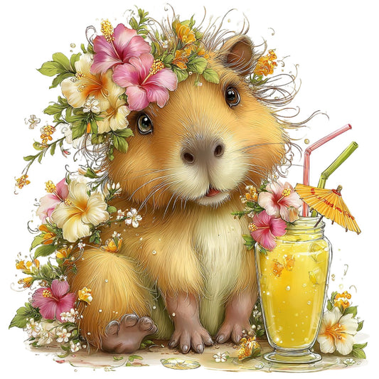 guinea pig, flowers, floral, pink hibiscus, yellow blossoms, cream flowers, botanical, whimsical, cute animals, spring, summer, garden, nature, pastel pink, golden yellow, cream, tan, animal lover, children's, baby, playful, sweet, charming, lemonade, beverage, tropical, cottage core, folk art, illustration, storybook