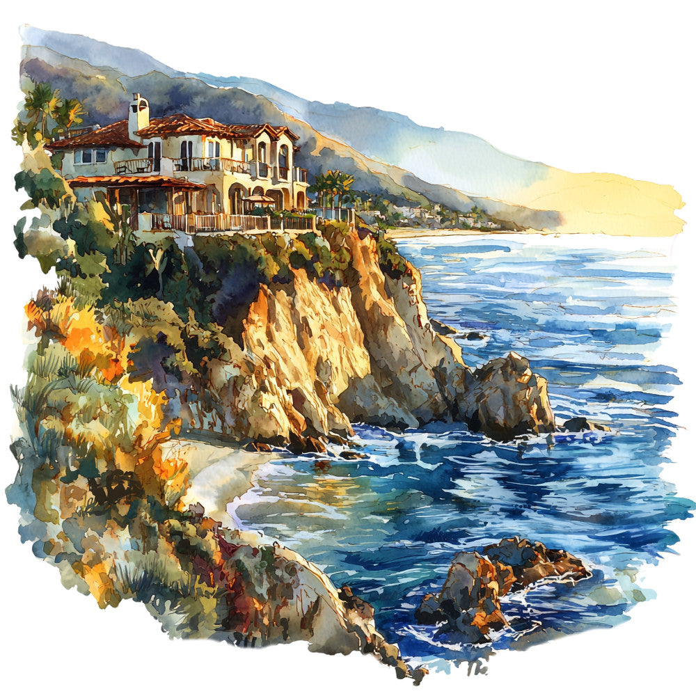 watercolor painting, coastal scene, cliffside villa, mediterranean house, ocean waves, blue water, rocky cliffs, palm trees, mountains, sunset lighting, golden hour, fabric panel, quilting cotton, california coastline, seaside landscape, warm yellows, deep blues, terracotta roofs, peaceful scenery, artistic design