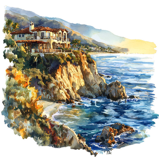 watercolor painting, coastal scene, cliffside villa, mediterranean house, ocean waves, blue water, rocky cliffs, palm trees, mountains, sunset lighting, golden hour, fabric panel, quilting cotton, california coastline, seaside landscape, warm yellows, deep blues, terracotta roofs, peaceful scenery, artistic design