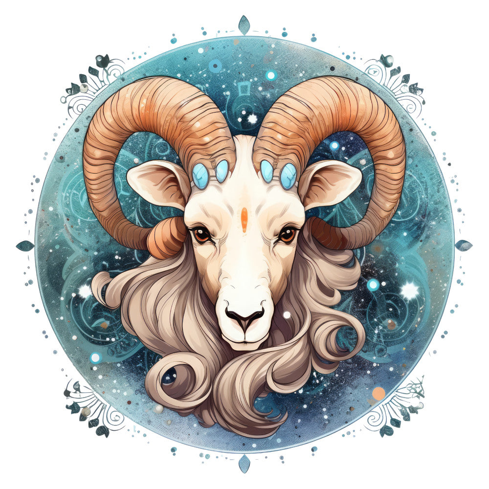 aries zodiac, ram, celestial, mystical, whimsical, bohemian, teal blue, cream, burnt orange, copper, navy blue, starry, cosmic, magical, astrology, spiritual, ornamental, decorative, elegant, fantasy, horns, constellation, dreamy, ethereal, nature inspired, animal portrait, home decor, wall hanging