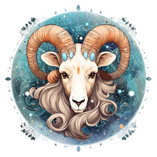 aries zodiac, ram, celestial, mystical, whimsical, bohemian, teal blue, cream, burnt orange, copper, navy blue, starry, cosmic, magical, astrology, spiritual, ornamental, decorative, elegant, fantasy, horns, constellation, dreamy, ethereal, nature inspired, animal portrait, home decor, wall hanging