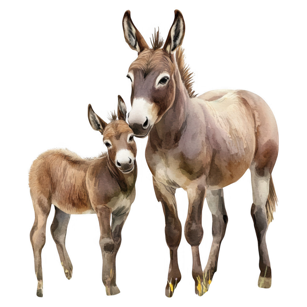 donkey, mother and baby, farm animals, wildlife, nature, rustic, farmhouse, tan, beige, brown, cream, white, realistic illustration, detailed artwork, animal portrait, domestic animals, countryside, pastoral, earthy tones, animal lovers, children's theme, sweet, gentle, bonding, two animals, equine, livestock, rural, natural colors, soft tones